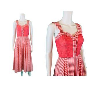 Vintage 50s Striped Dress Womens XS Coral Sweetheart Sundress Gay Gibson Juniors